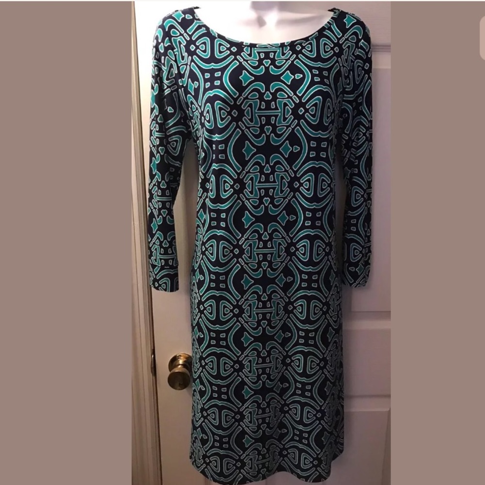 LAUNDRY By Design Shelli Segal Geo Print Dress Turquoise Green Blue Jersey Knit